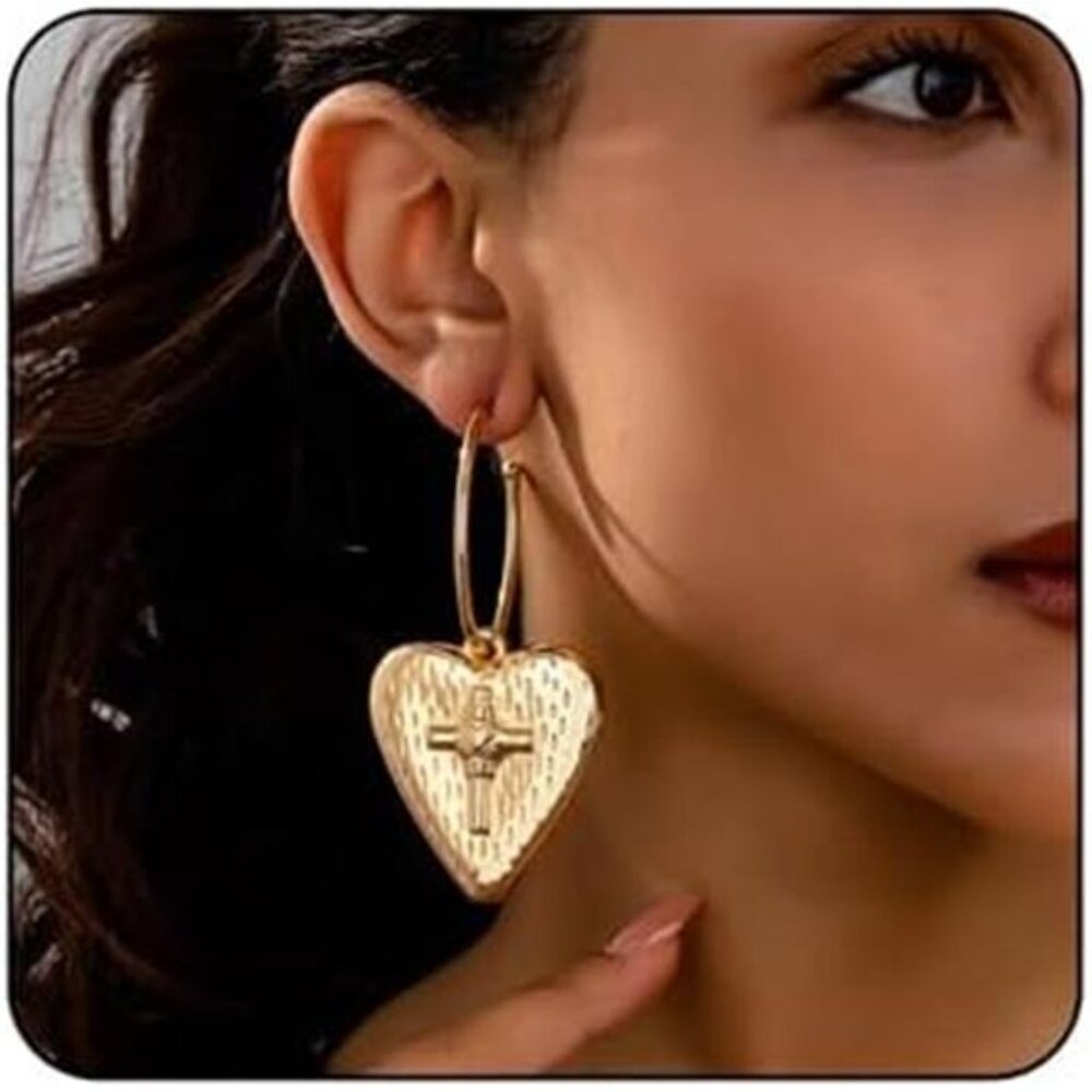 Vintage Heart & Cross Hoop Earrings – Gold-Tone Retro Statement Jewelry